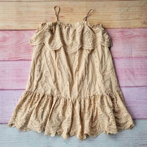 Moon‎ River Cream Flounce Neckline Eyelet Mini Dress Size M Summer Boho